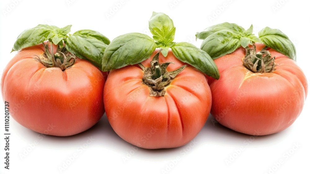 Aufkleber fresh ripe tomatoes adorned with basil leaves presented on a clean white backdrop for culinary or fo