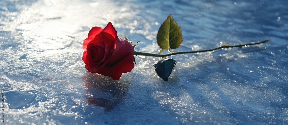 Aufkleber Red rose delicately resting on a transparent layer of ice capturing the essence of beauty and fragility in a winter setting