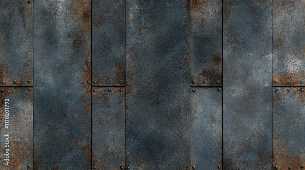 Poster rusty metal texture featuring weathered metal sheets with rivets and distinctive patina for industri