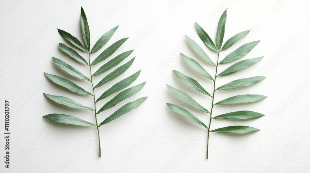 Poster Green palm leaves arranged symmetrically casting soft shadows on a clean white background creating a serene and natural aesthetic.