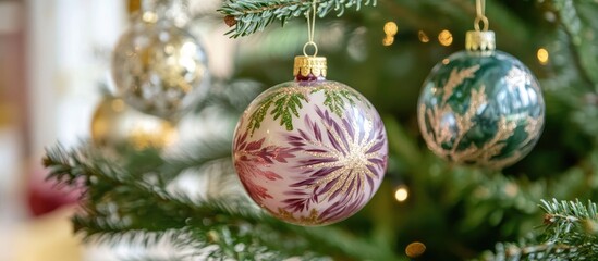 Decorative Christmas ornaments hanging on a lush green tree creating a festive holiday atmosphere with soft glowing lights.