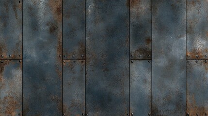Rusty metal texture featuring weathered metal sheets with rivets and distinctive patina for industrial or vintage design backgrounds