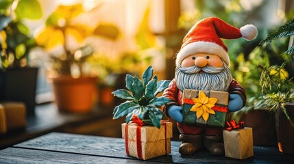 Obraz premium Santa gnome holding Christmas gift surrounded by festive decorations and plants in cozy living room setting with warm sunlight effects