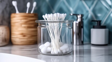 Stylish bathroom shelf displaying jar of cotton swabs alongside soap dispenser and grooming essentials for modern decor