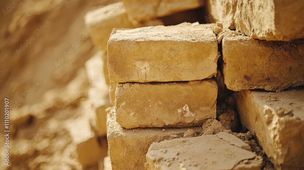 Poster Sand-colored bricks stacked for construction use showcasing texture and materials suitable for building projects.