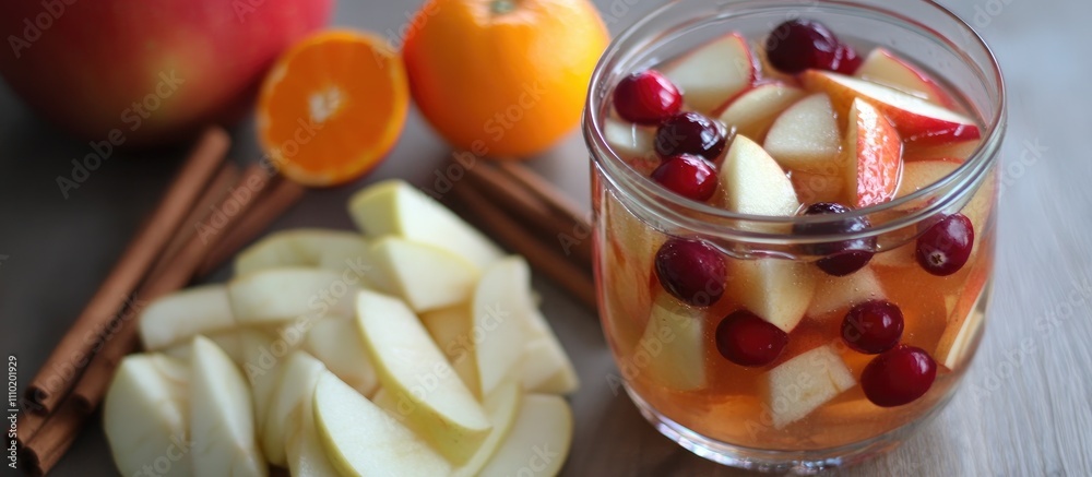 Aufkleber sangria with apple cranberry and orange garnished with fresh fruit and cinnamon sticks on a wooden t