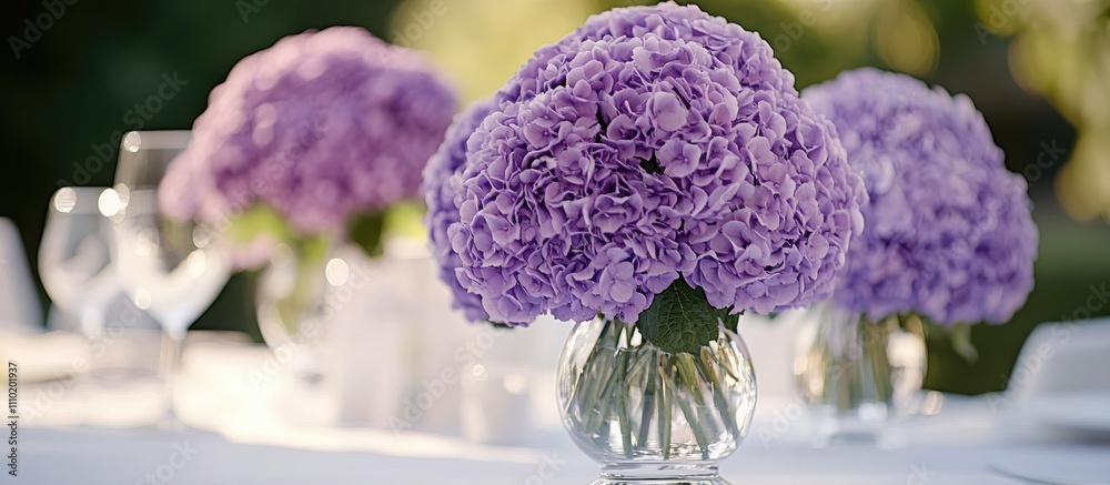 Poster elegant purple wedding floral arrangement with hydrangeas at a reception featuring soft focus and am