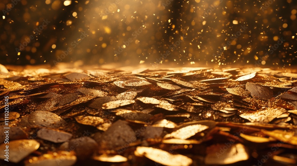 Aufkleber wood chips scattered on the ground illuminated by sunlight creating an enchanting and textured backg