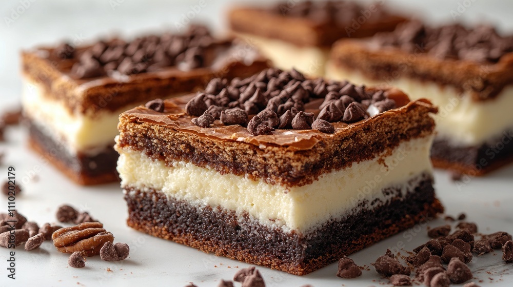 Poster puff cake brownie squares with chocolate chips displayed on a white background highlighting layers o