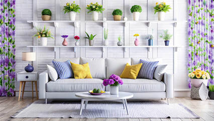 Here's a possible  and keyword list for your stock photo... Bright living room with white sofa, potted plants, and shelving.