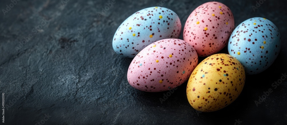 Poster festive candy eggs in pastel colors arranged on a dark textured surface with artistic lighting creat