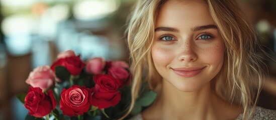 Romantic couple sharing joyful surprise moment with woman holding a bouquet of pink roses and her partner hiding more flowers behind his back