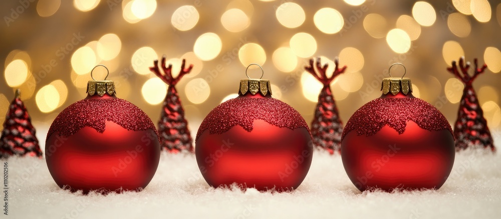 Poster red christmas ornaments with reindeer on a sparkling bokeh background showcasing holiday spirit and 
