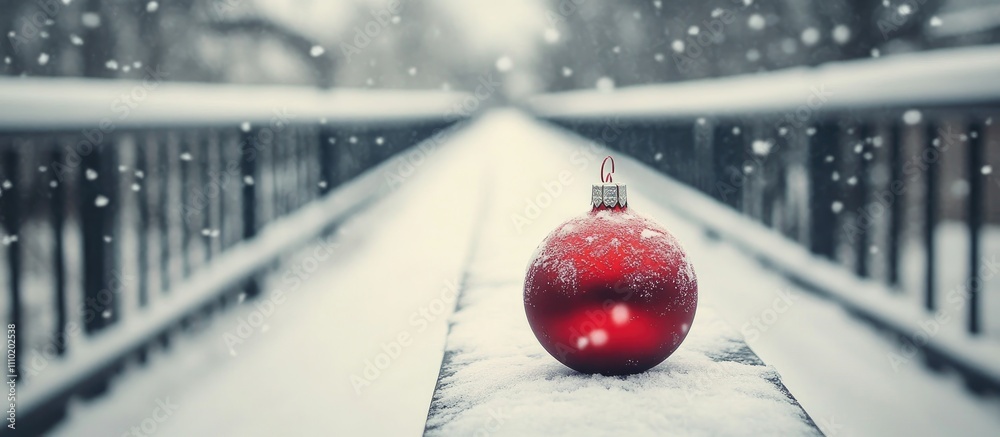 Poster red christmas ornament resting on a snow-covered railing with falling snowflakes creating a serene w