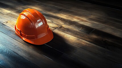 Safety helmet on wooden floor emphasizing personal protective equipment in workplace safety and construction environments.