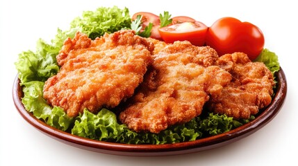 Fototapeta premium Deliciously crispy breaded schnitzels garnished with fresh lettuce and ripe tomatoes on a rustic plate against a clean white background