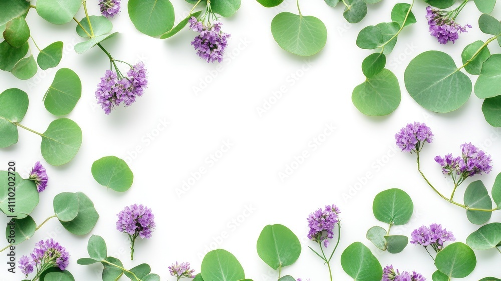 Poster round floral frame with wildflowers and eucalyptus leaves on a white background in a flat lay arrang