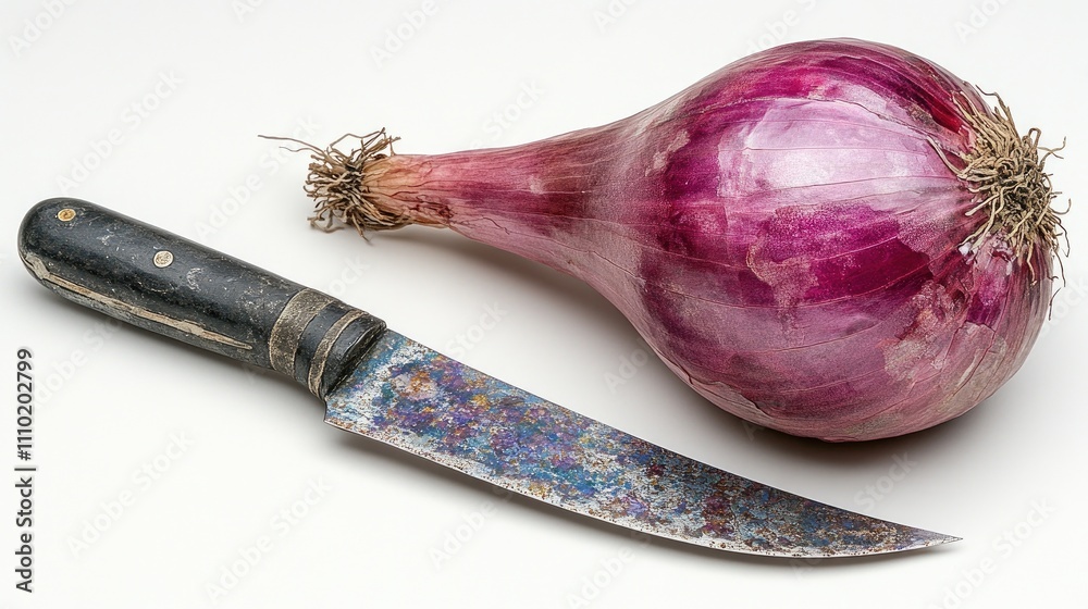 Poster red onion and rustic knife displayed on white background highlighting fresh farm produce and cooking