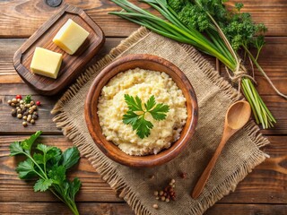 A Rustic Top View of Wheat Grits Porridge with Butter in a Wooden Bowl Surrounded by Fresh Herbs and a Bag of Dry Cereal on Burlap