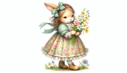 Vintage Watercolor Easter Bunny Girl in Dress Holding Spring Flowers - Delightful Art Element for Seasonal Decor and Crafts