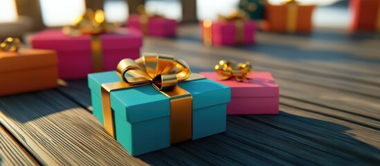 Vibrant gift boxes with gold ribbons arranged on wooden surfaces creating a festive atmosphere for celebrations and special occasions