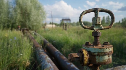 Fototapeta premium Rusty industrial valve on an aged metal pipeline surrounded by lush greenery under a clear blue sky showcasing a rural landscape.