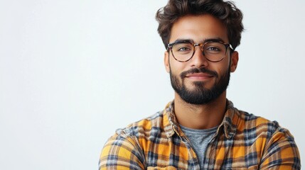 Obraz premium Smiling man holding a picture frame against a clean white background wearing glasses and a plaid shirt