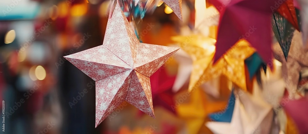 Poster colorful paper stars hanging at a market stall illuminated for winter holidays with shallow depth of
