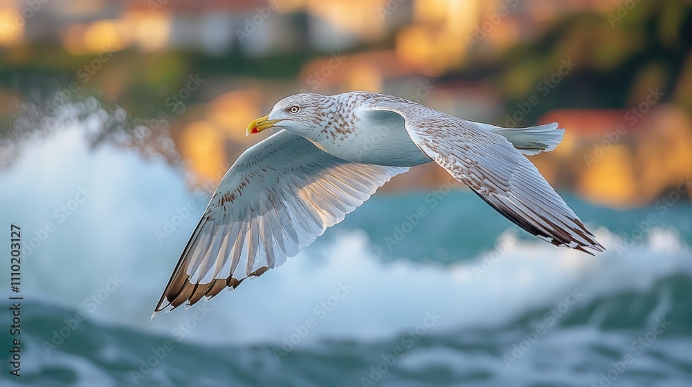 Aufkleber Seagull soaring over ocean waves with a blurred coastal background and soft golden light creating a serene coastal atmosphere