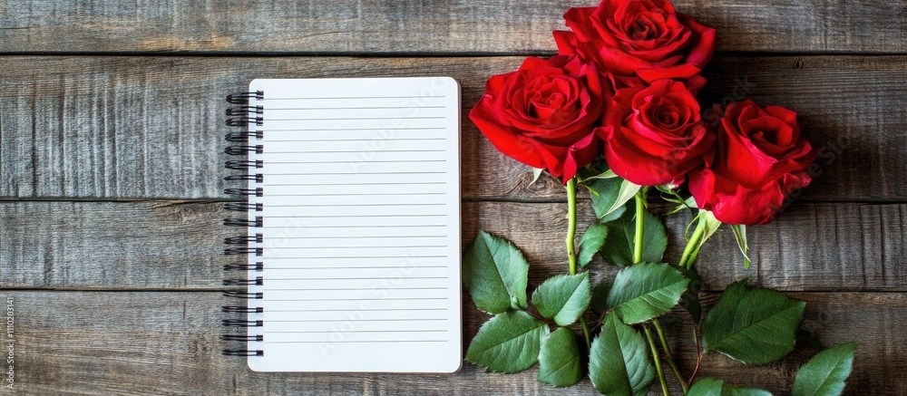 Poster red roses and an empty notebook on rustic wooden background symbolizing love and romantic messages f