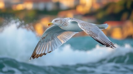 Fototapeta premium Seagull soaring over ocean waves with a blurred coastal background and soft golden light creating a serene coastal atmosphere