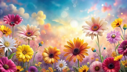 Fototapeta premium A vibrant summer meadow filled with a symphony of colorful daisies, blossoming under a sky of soft pastels and shimmering sunlight.