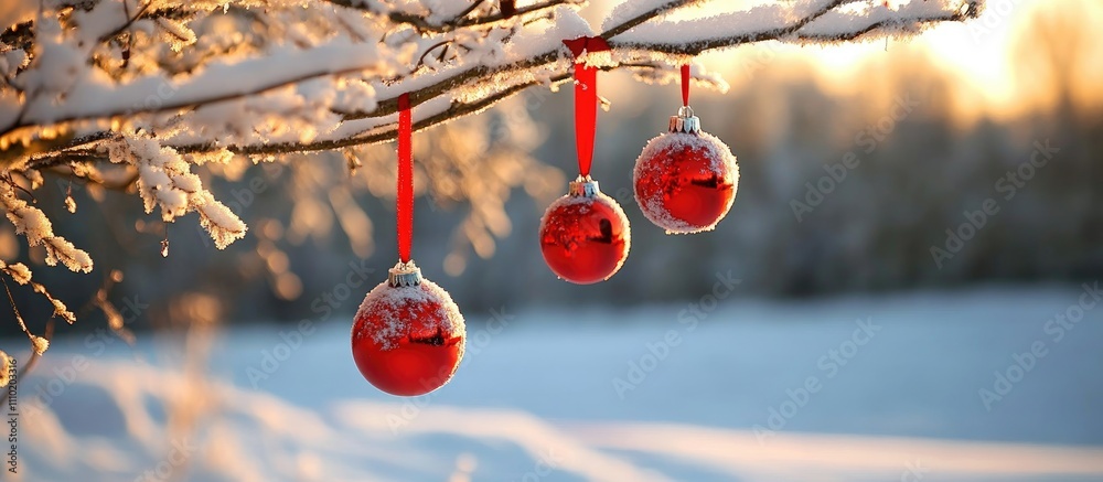 Poster red decorative balls on snowy tree branches adorned with ribbons creating a festive winter atmospher
