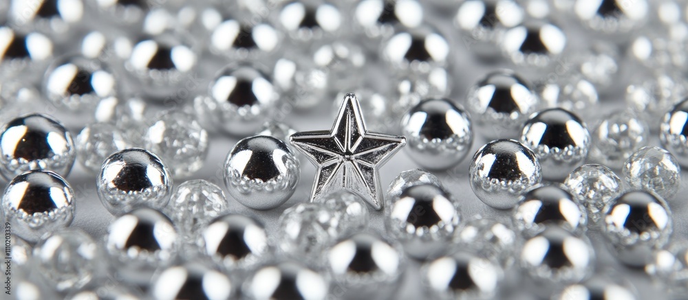 Poster glittering silver beads and star on a textured paper background creating an elegant macro scene perf