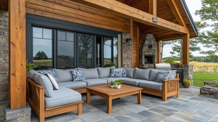 Naklejka premium Stylish outdoor seating area featuring luxury furniture on a modern patio with rustic wooden architecture and serene landscape views