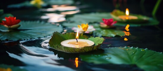 Krathong festival with floating candles and flowers on water symbolizing prayers and blessings to the river goddess during a cultural ceremony