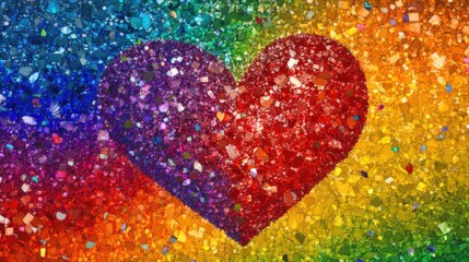 Fototapeta premium A vivid depiction of LGBTQ+ inclusion with a vibrant rainbow mosaic forming a heart shape, symbolizing love and acceptance across the spectrum, minimalist composition