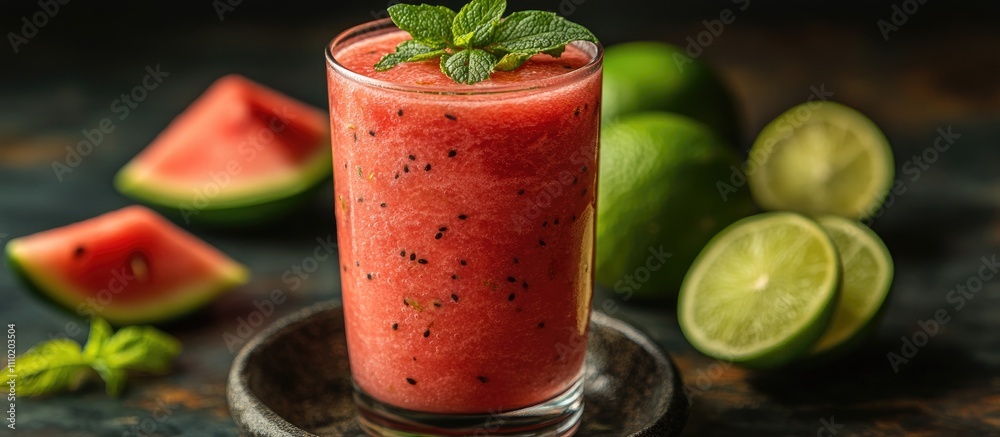 Poster refreshing watermelon and lime juice drink served in a glass garnished with mint on a dark backgroun