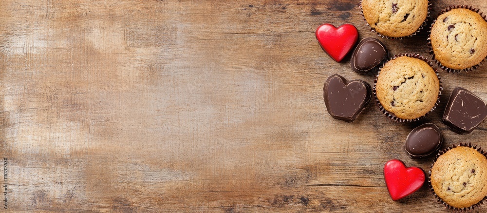 Poster rustic greeting card design showcasing chocolate muffins and red heart-shaped sweets on a wooden bac