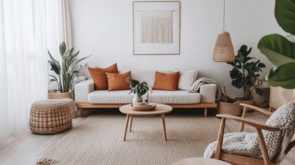 Nordic-style living room with clean white walls, light gray accents, and minimalist wooden furnishings for a warm, inviting design