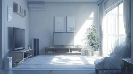 Nordic-style living room with clean white walls, light gray accents, and minimalist wooden furnishings for a warm, inviting design