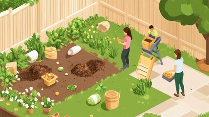 A step-by-step illustration of the composting process, with labeled layers of organic materials, water, and soil 