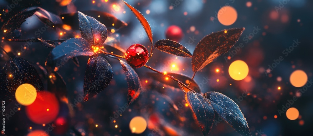 Poster bright red and gold ornaments on lush green leaves creating a festive and enchanting atmosphere with