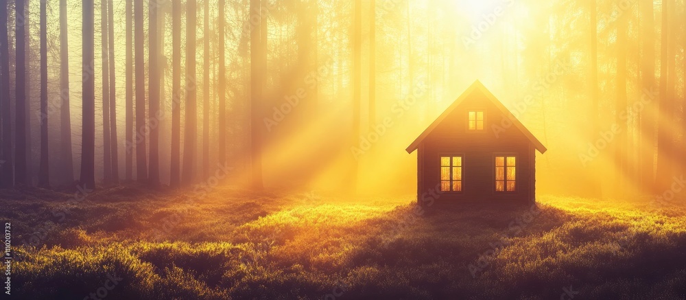 Poster Mysterious silhouette of a house in a foggy forest with sun rays creating an enchanting and serene morning atmosphere