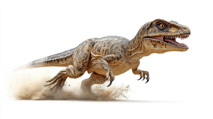 Obraz premium A young velociraptor running, dust flying behind it, isolated on white.