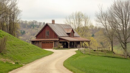Rustic L-shaped farmhouse with wooden beams and a barn-style roof, surrounded by rolling hills and a dirt driveway.