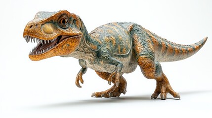 Obraz premium A young Tyrannosaurus Rex dinosaur, orange and teal, in a walking pose against a white background.