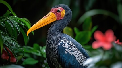 Obraz premium Colorful saddle-billed stork surrounded by lush foliage and bright blossoms in rainforest