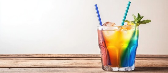 Vibrant cocktail glass with multi colored straws and mint garnishing on a wooden table against a clean white background
