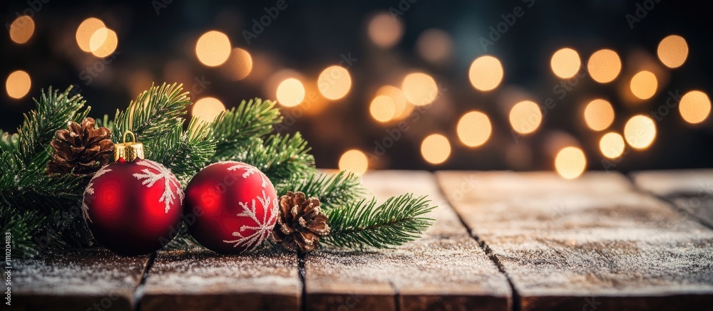 Poster christmas red baubles with pine cones and festive greenery on wooden table with glowing bokeh lights